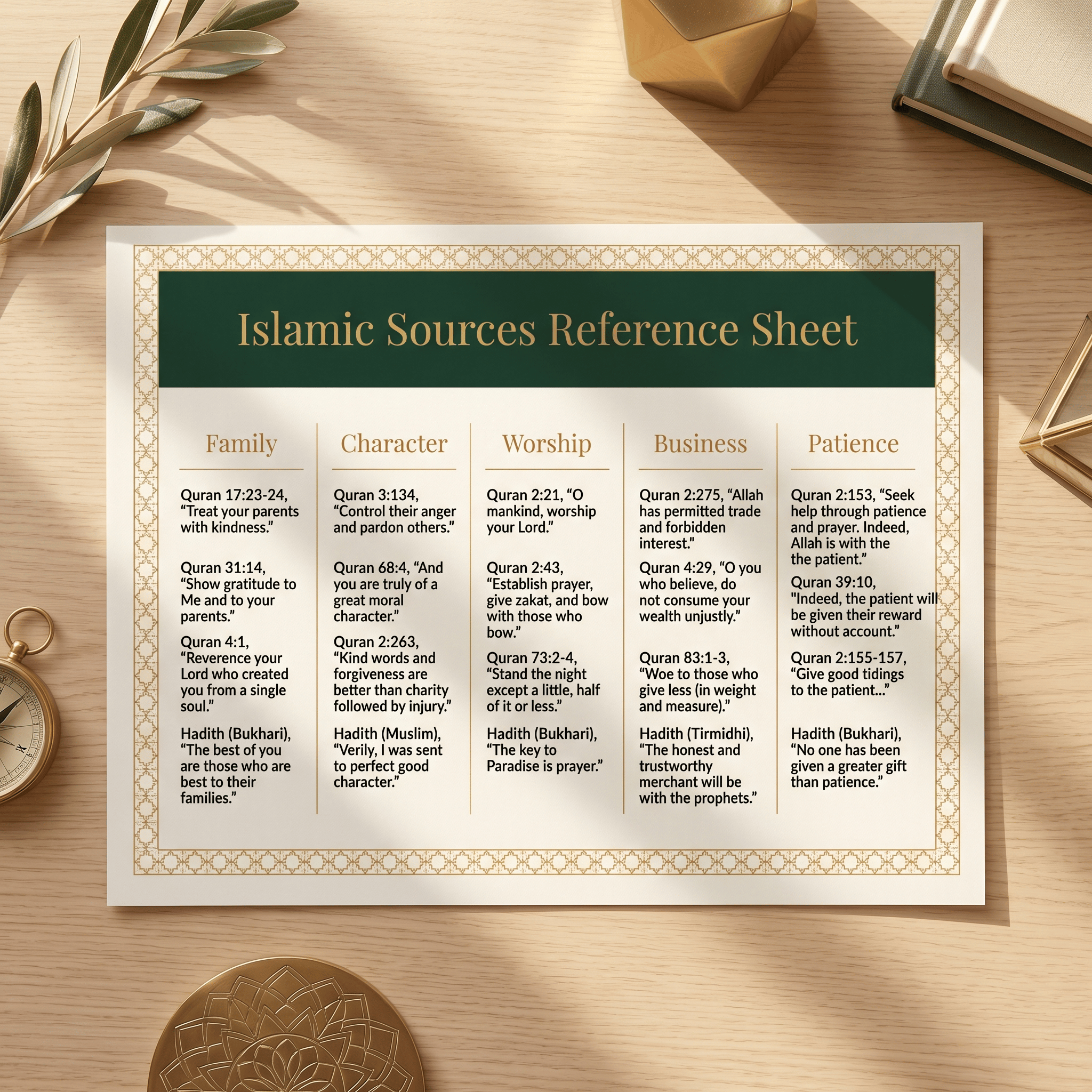 Islamic Sources Reference Sheet